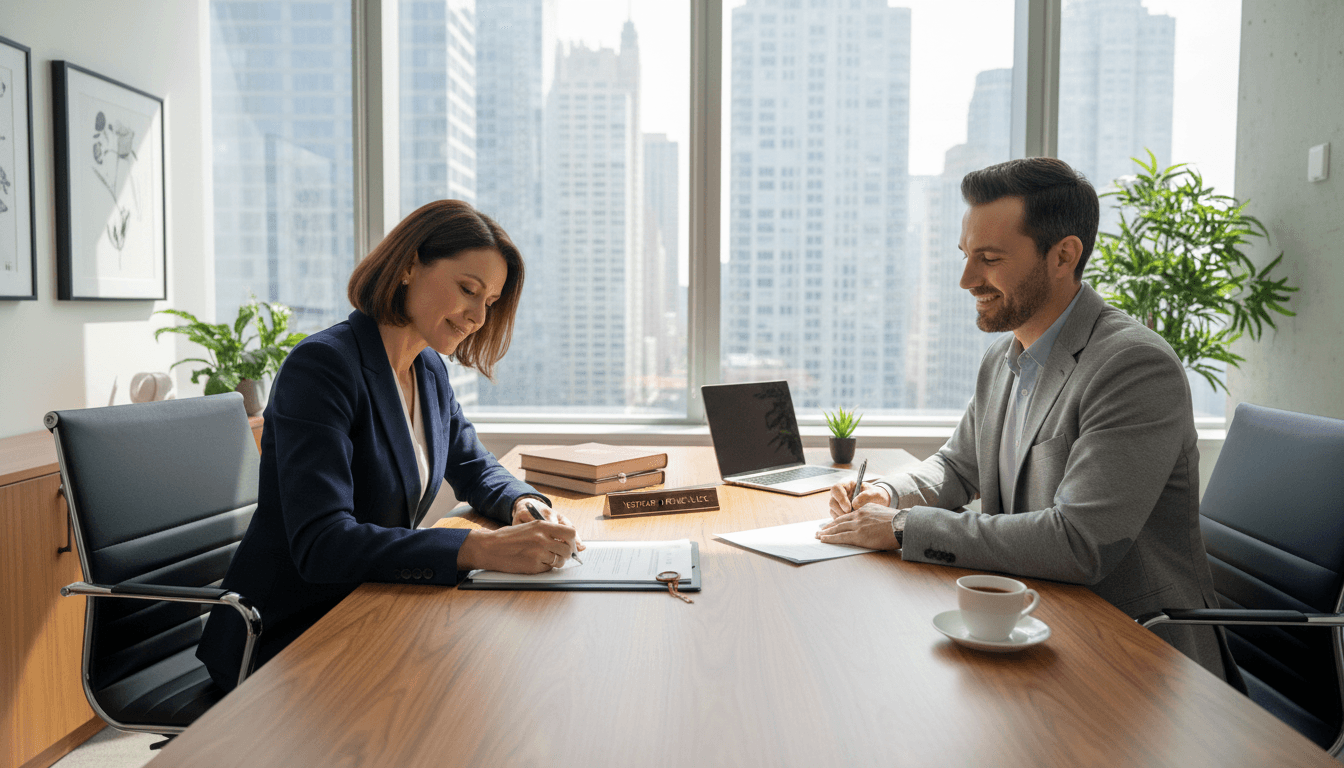 Notary public signing documents in a modern office with natural light.