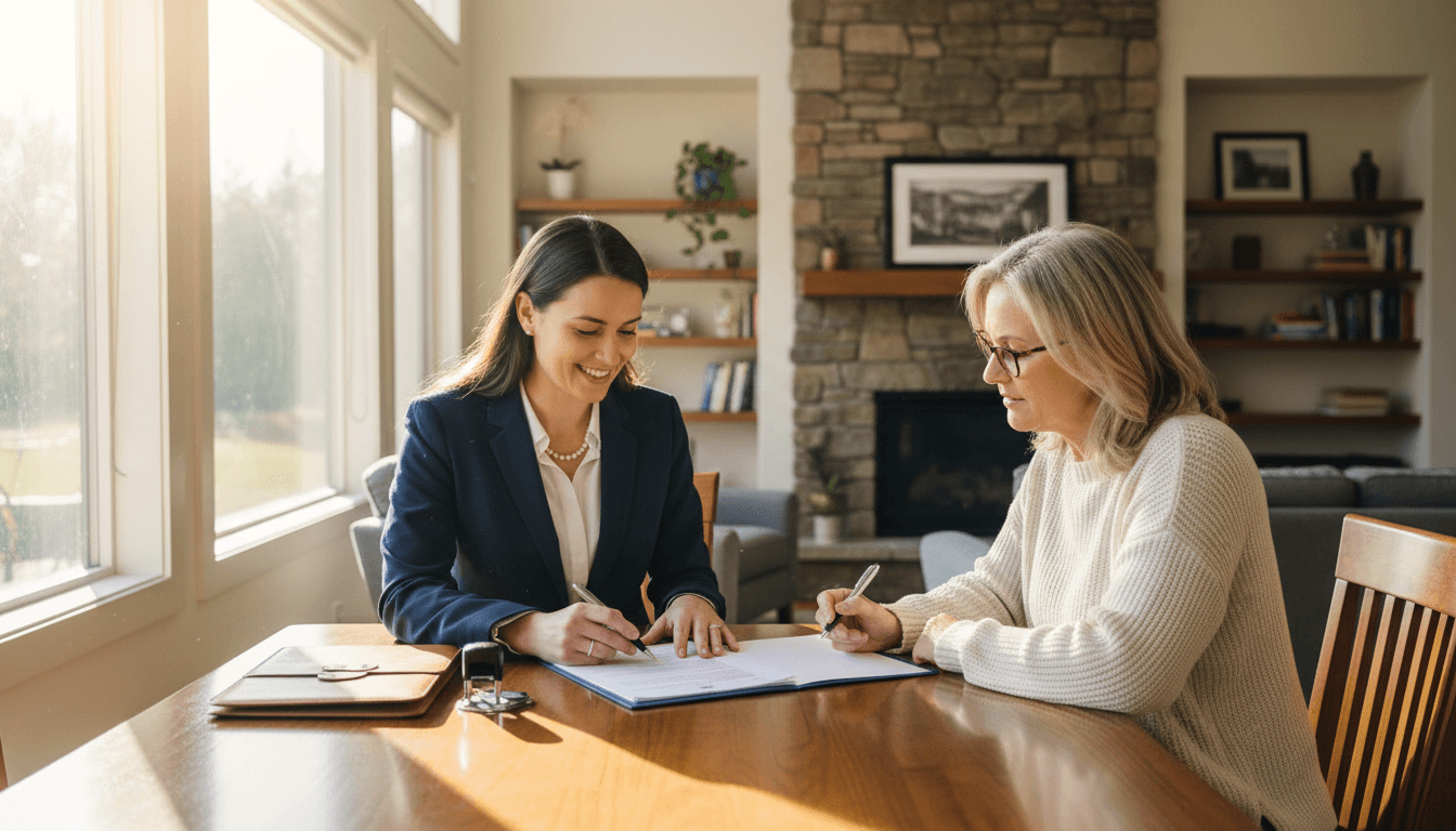 Mobile notary assisting a client with document signing in a sunlit living room.