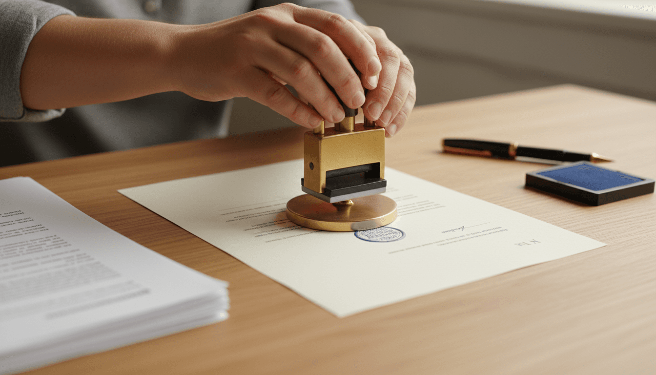 Notary stamping a document on a desk