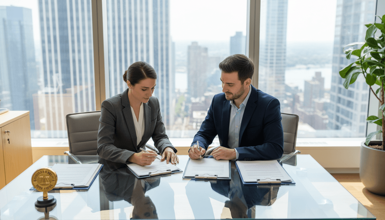 Notary professional and client reviewing and signing legal documents together at modern office desk with city views