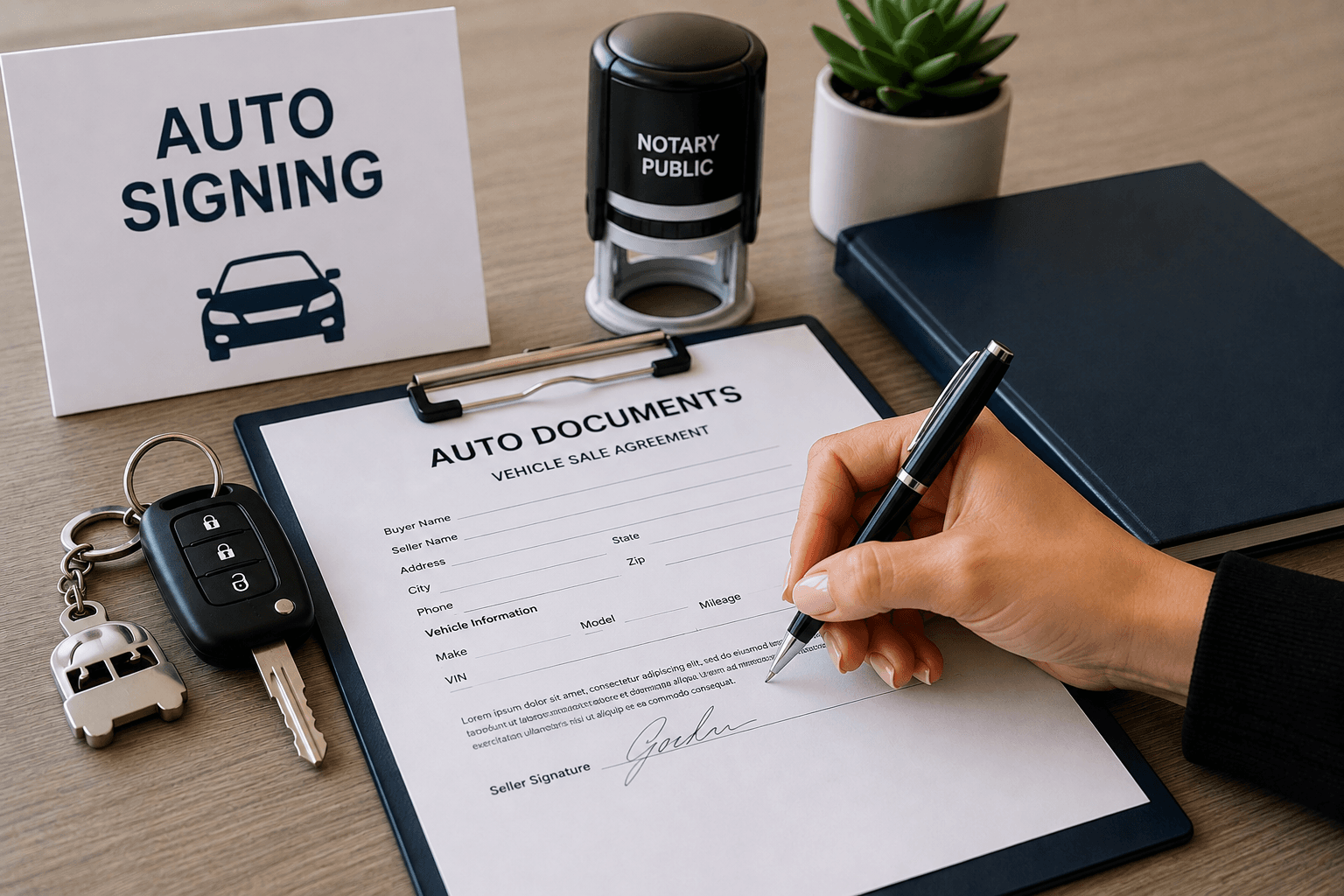 Hand signing a vehicle sale agreement next to car keys and a notary stamp.