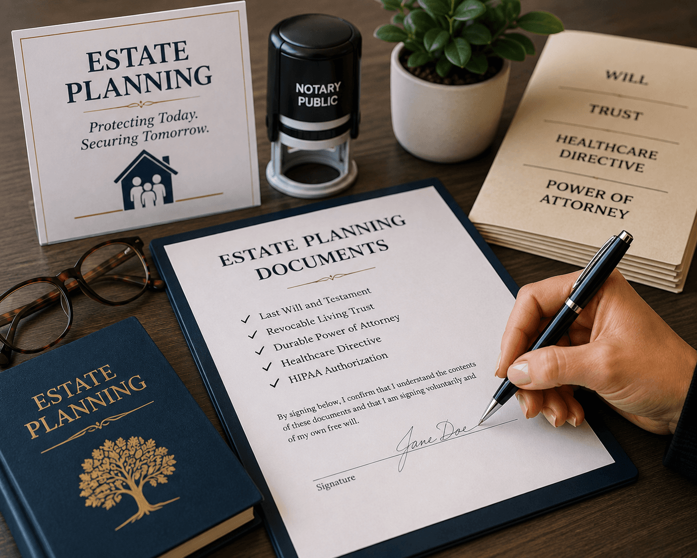 Hand signing estate planning documents on a desk with a notary stamp and legal books.