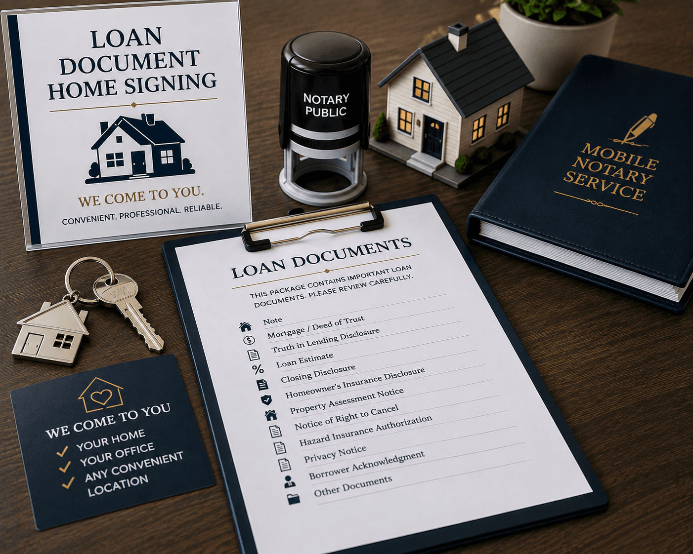 Mobile notary service setup for home loan signings with documents, stamp, and house keys.