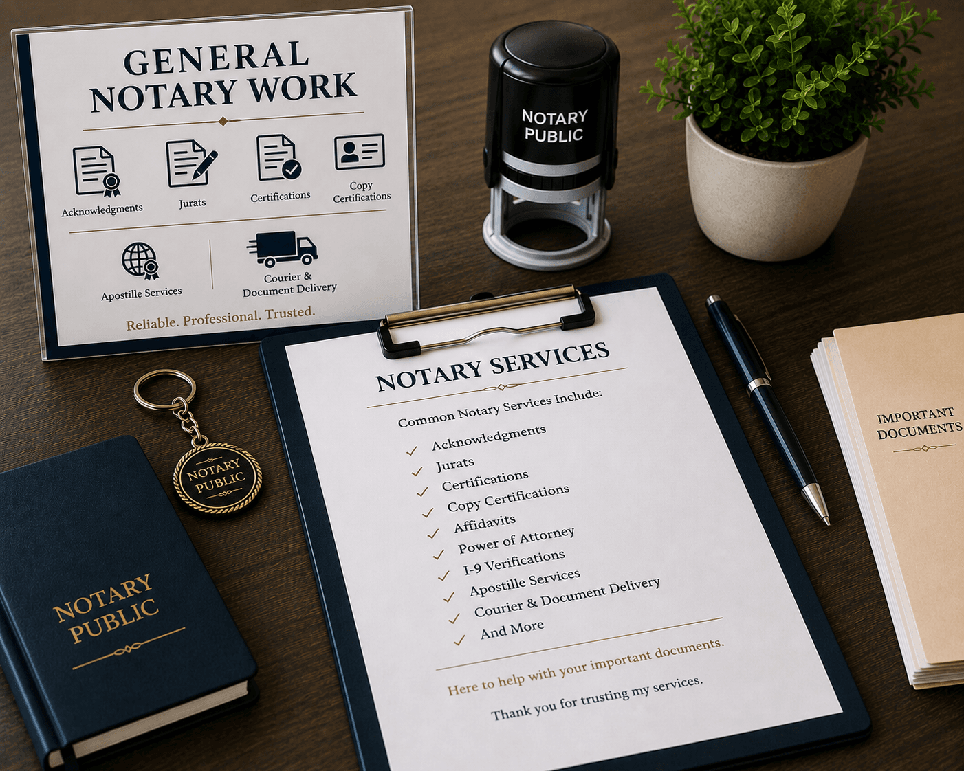 Professional notary public desk setup with a stamp, clipboard, journal, and service information sign.