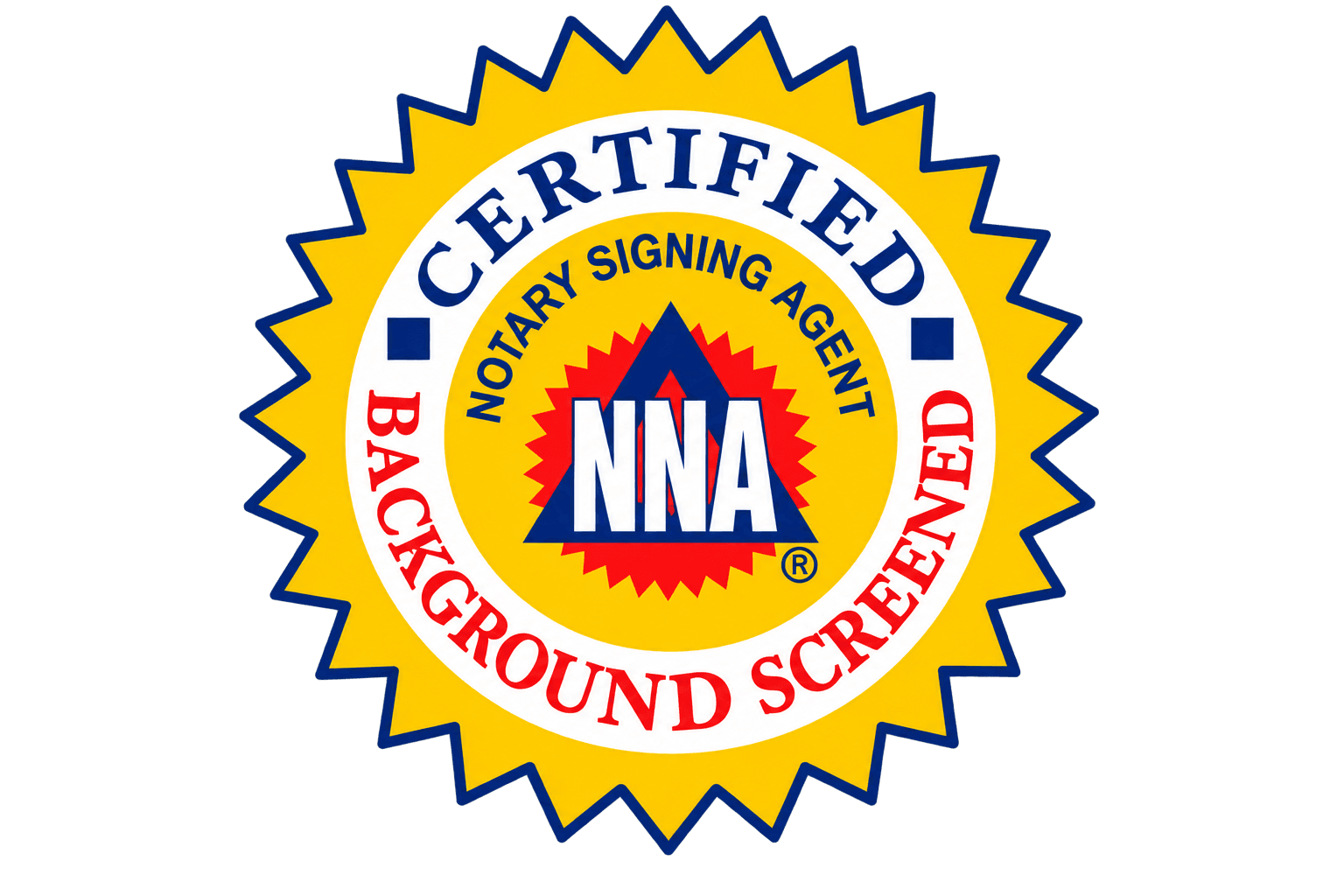 Yellow and blue NNA seal for a background screened Certified Notary Signing Agent.